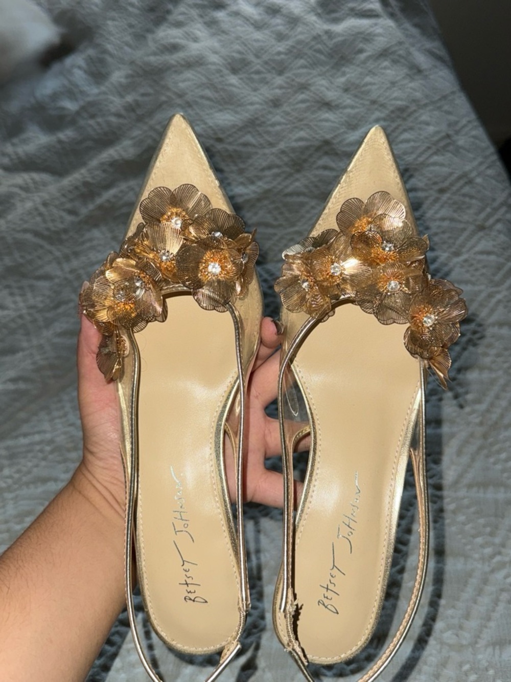 Betsey Johnson Metallic Gold Floral Pointed Toe Slingbacks